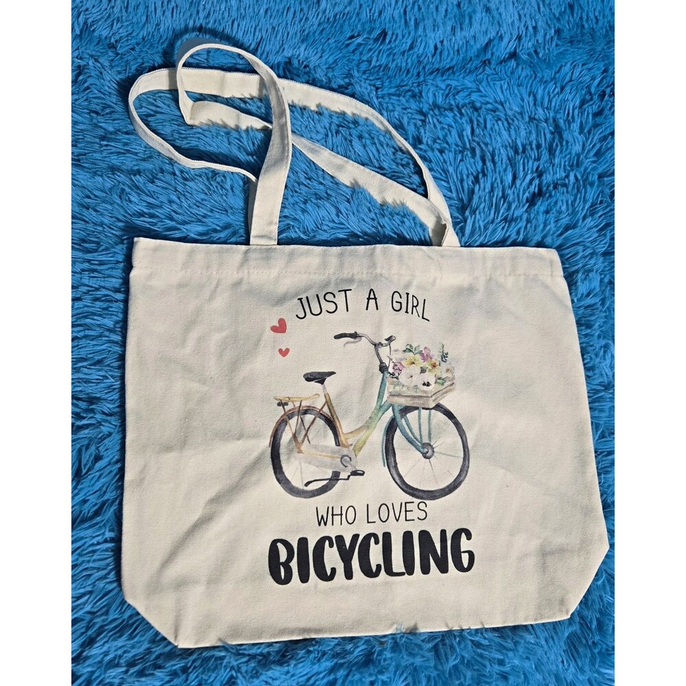 Beige Canvas Retro Tote Bag  13x16x4 Bicycle Print "Loves Bicycling"